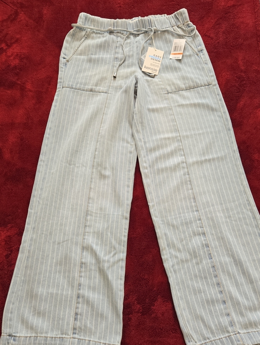 Kensie Wimans Easy Breezy Denim High-Rise Light Blue Pinstripe Bottoms